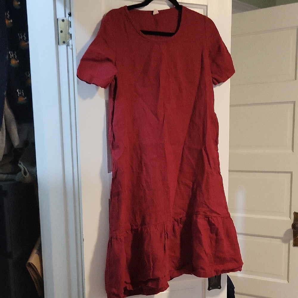 Linenbee Burgundy Juliana Drop Waist Tiered Linen Dress - S View 3